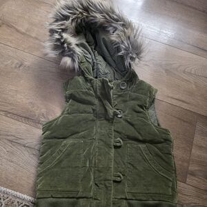 GAP Olive Green Hooded Vest with Faux Fur